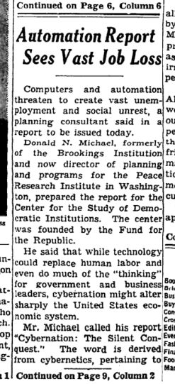 New York Times 1962 - Automation Report Sees Vast Job Loss